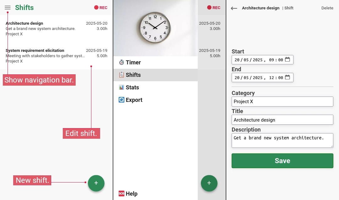 Shift list and shift editor screenshot.